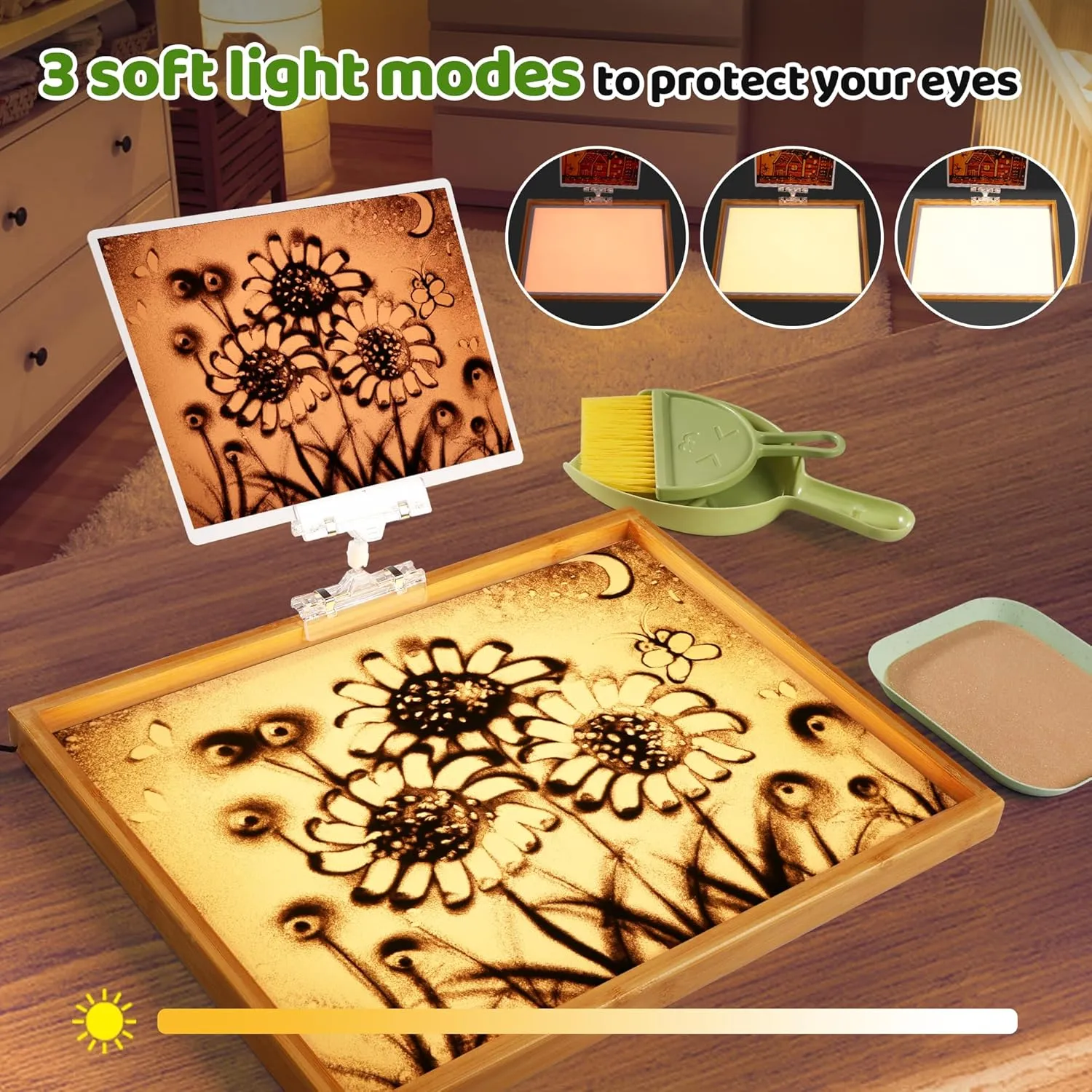 Sand Painting Light Box Light Table for Kids Wooden Sand Art Table with 10 Cards Sand Sensory Toy (11×16×1 in)
