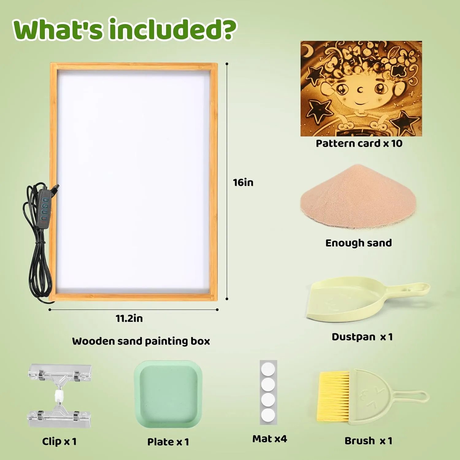 Sand Painting Light Box Light Table for Kids Wooden Sand Art Table with 10 Cards Sand Sensory Toy (11×16×1 in)