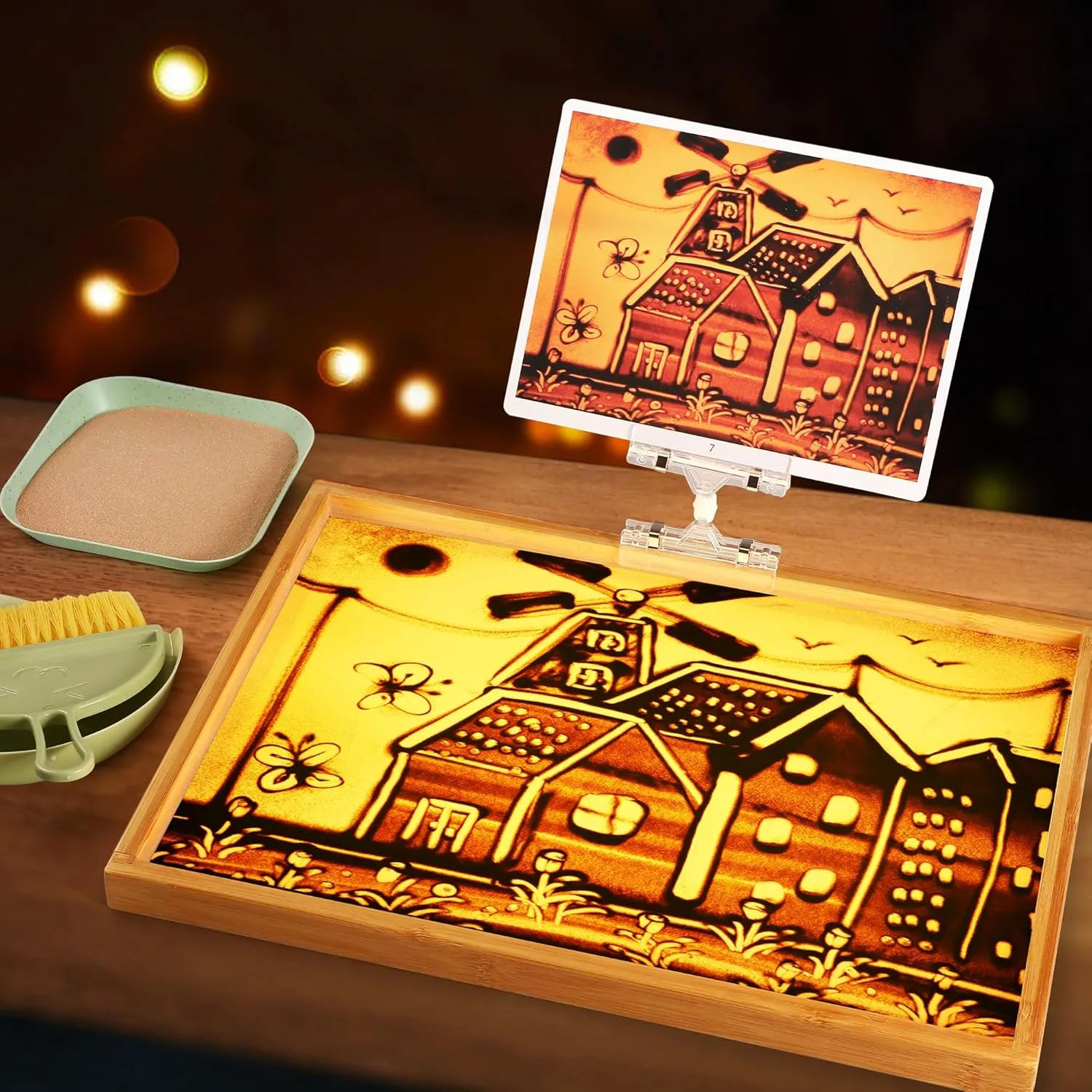 Sand Painting Light Box Light Table for Kids Wooden Sand Art Table with 10 Cards Sand Sensory Toy (11×16×1 in)