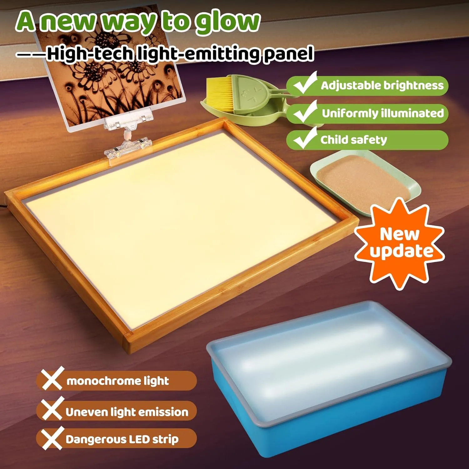 Sand Painting Light Box Light Table for Kids Wooden Sand Art Table with 10 Cards Sand Sensory Toy (11×16×1 in)