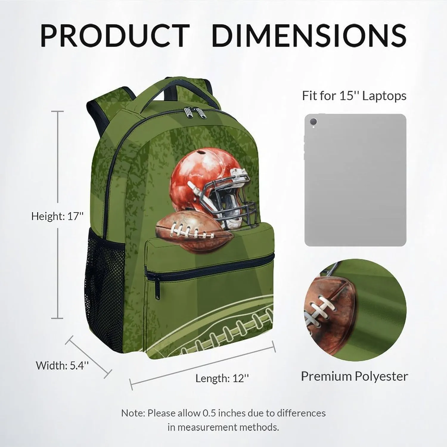 School Backpack for Boys - Football Bookbag - Lightweight Durable Large Capacity - 17 Inch Green Kid Backpack for School, Travel and Camp
