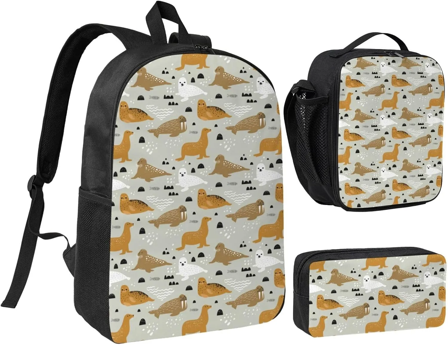 Seal and Walrus Pattern Backpack Set Lightweight Laptop Backpack Lunch Bag with Pencil Case for Women Men Travel Work