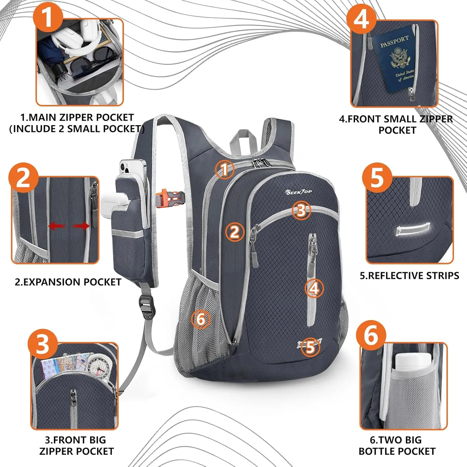 Seektop Small Hiking Backpack 12L to 15L Expandable Travel Packable Waterproof Daypack Lightweight Hiking Bag for Women Men