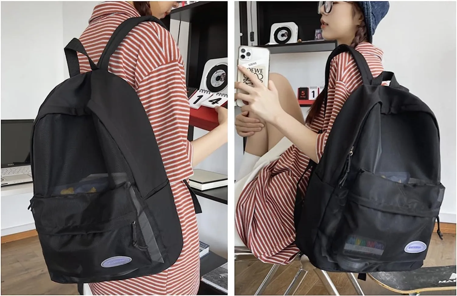 Semi-Mesh Backpack for School Student Stadium Approved Lightweight See Through Travel Casual Summer Large Bag (Black)