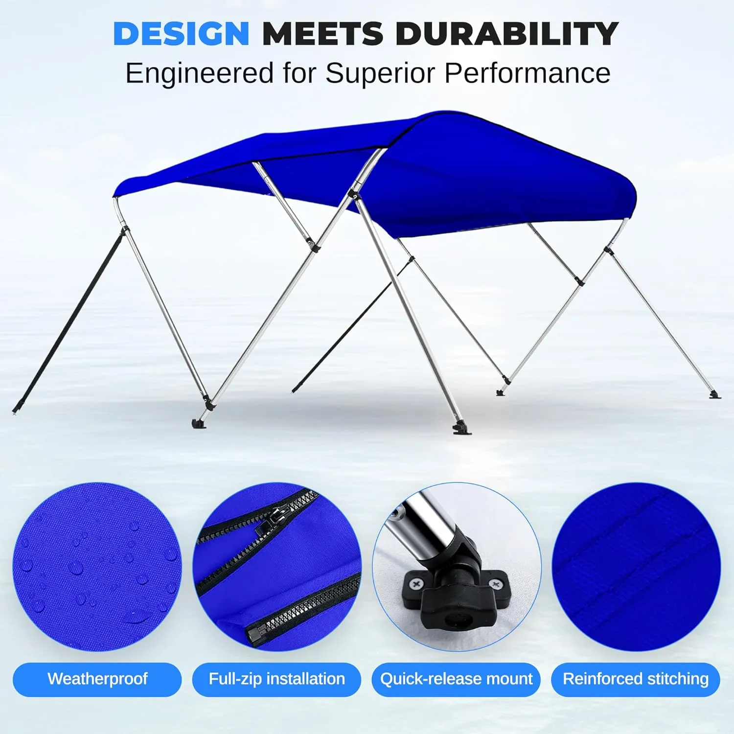 SereneLife 4 Bow Bimini Top Boat Cover – 96" L x 85-90" W x 54" H, Durable 1" Aluminum Frame, Waterproof & UV-Resistant, Easy Install with Front Straps, Rear Support Arms & Free Storage Boot (Blue)