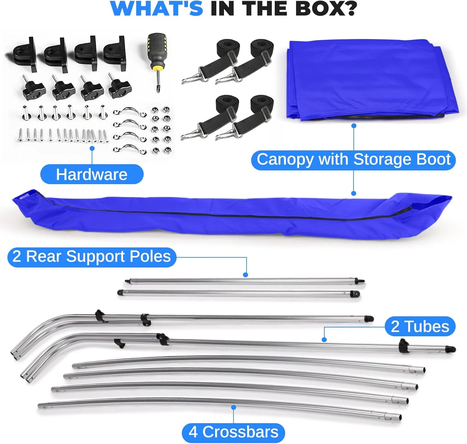 SereneLife 4 Bow Bimini Top Boat Cover – 96" L x 85-90" W x 54" H, Durable 1" Aluminum Frame, Waterproof & UV-Resistant, Easy Install with Front Straps, Rear Support Arms & Free Storage Boot (Blue)