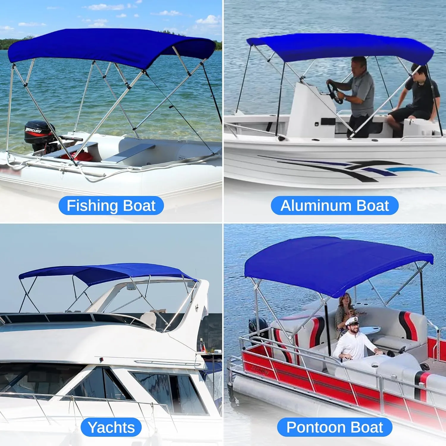 SereneLife 4 Bow Bimini Top Boat Cover – 96" L x 85-90" W x 54" H, Durable 1" Aluminum Frame, Waterproof & UV-Resistant, Easy Install with Front Straps, Rear Support Arms & Free Storage Boot (Blue)