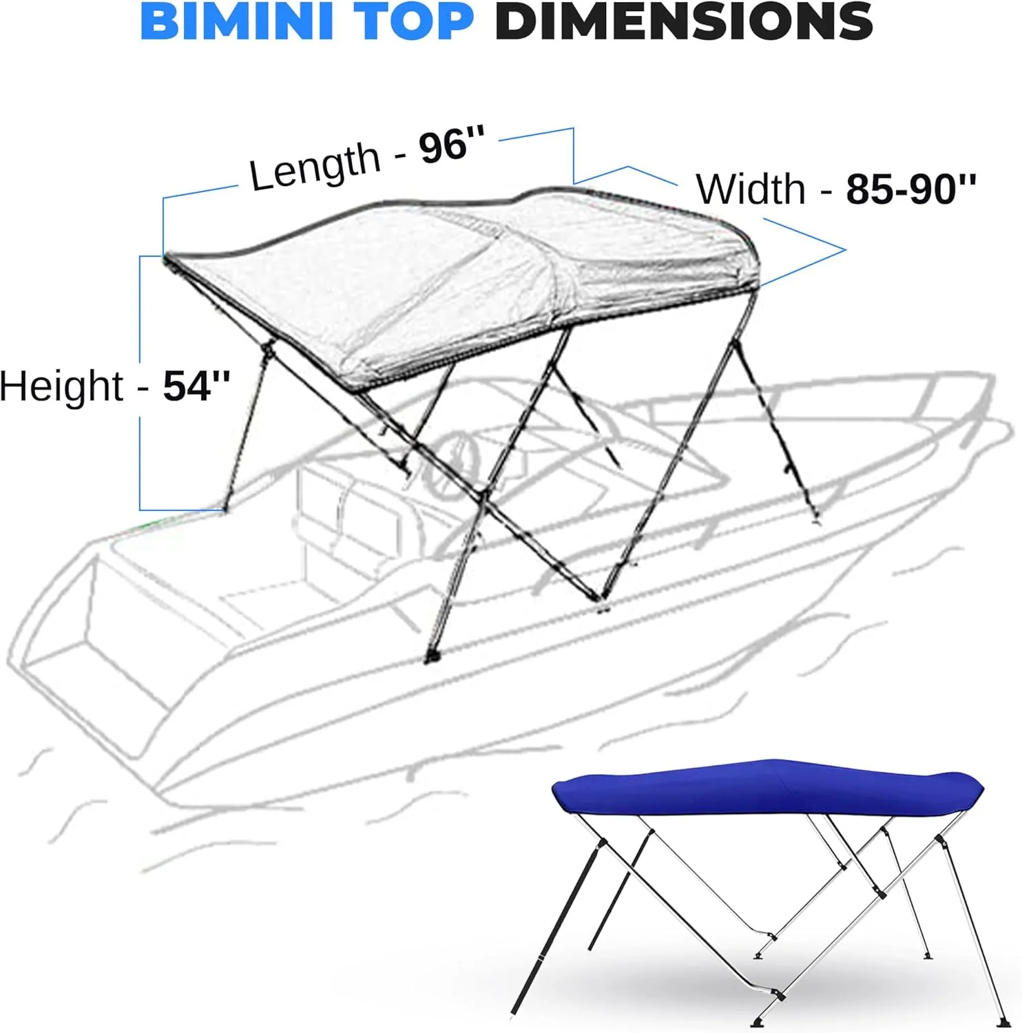 SereneLife 4 Bow Bimini Top Boat Cover – 96" L x 85-90" W x 54" H, Durable 1" Aluminum Frame, Waterproof & UV-Resistant, Easy Install with Front Straps, Rear Support Arms & Free Storage Boot (Blue)