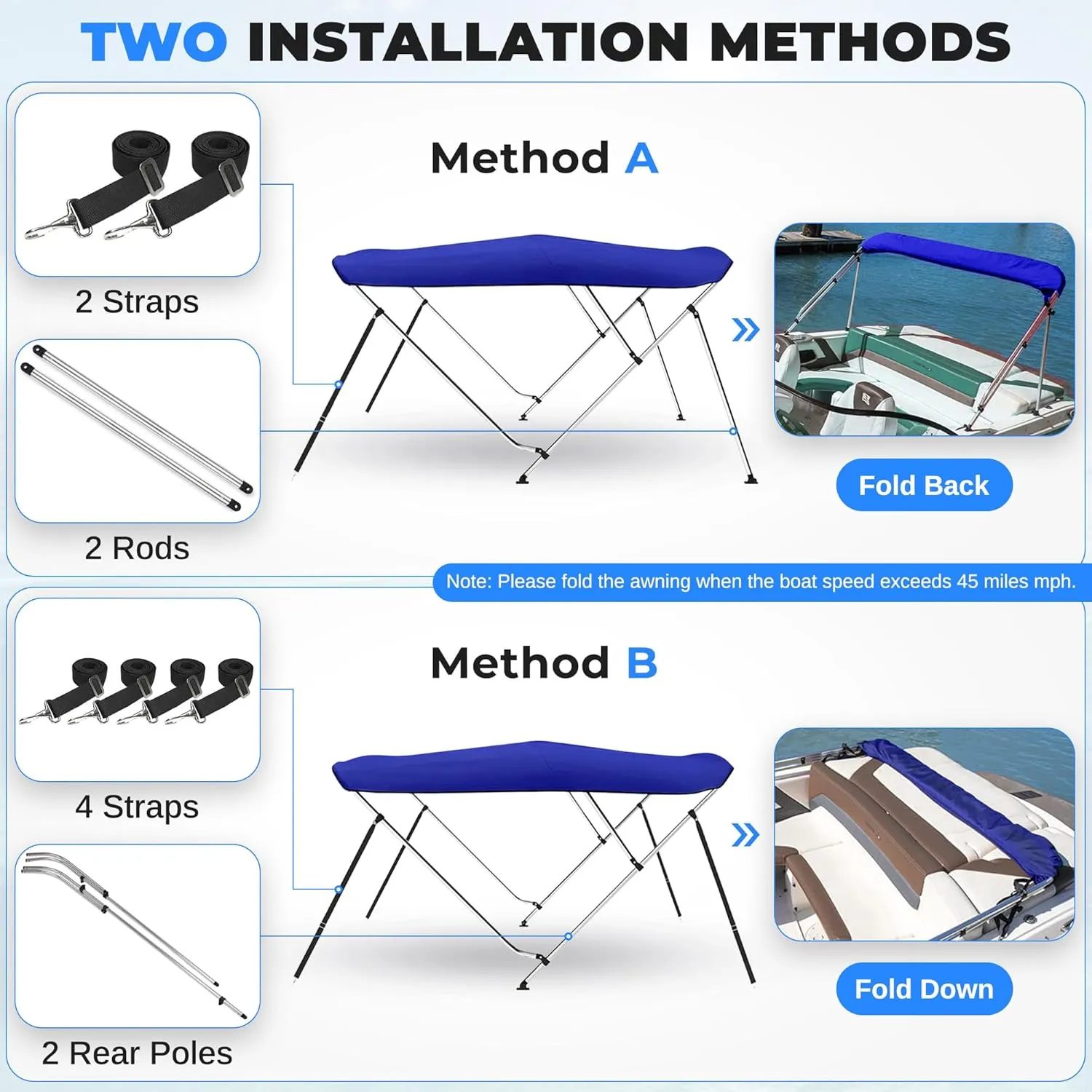 SereneLife 4 Bow Bimini Top Boat Cover – 96" L x 85-90" W x 54" H, Durable 1" Aluminum Frame, Waterproof & UV-Resistant, Easy Install with Front Straps, Rear Support Arms & Free Storage Boot (Blue)