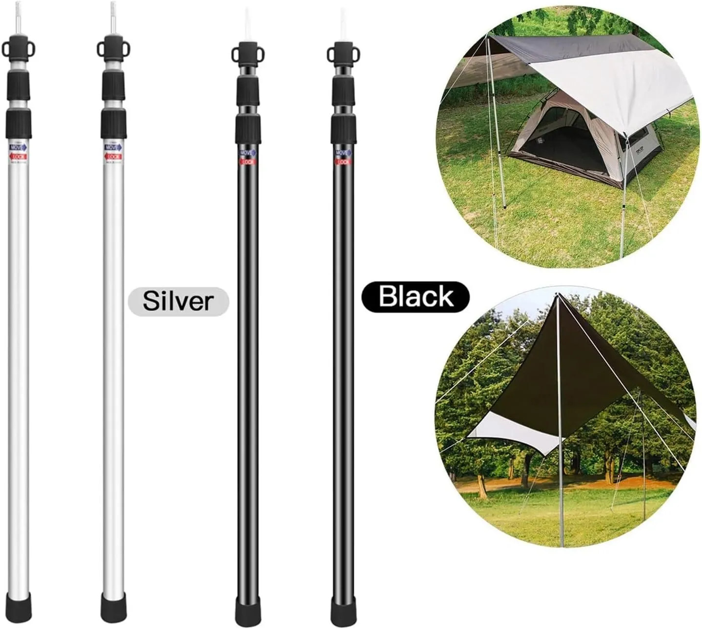 Set of 2 Aluminum Adjustable Camping Tarp Poles 90" Telescoping Portable Lightweight Tent Poles Fit for Shelter Canopy Awning(Black)