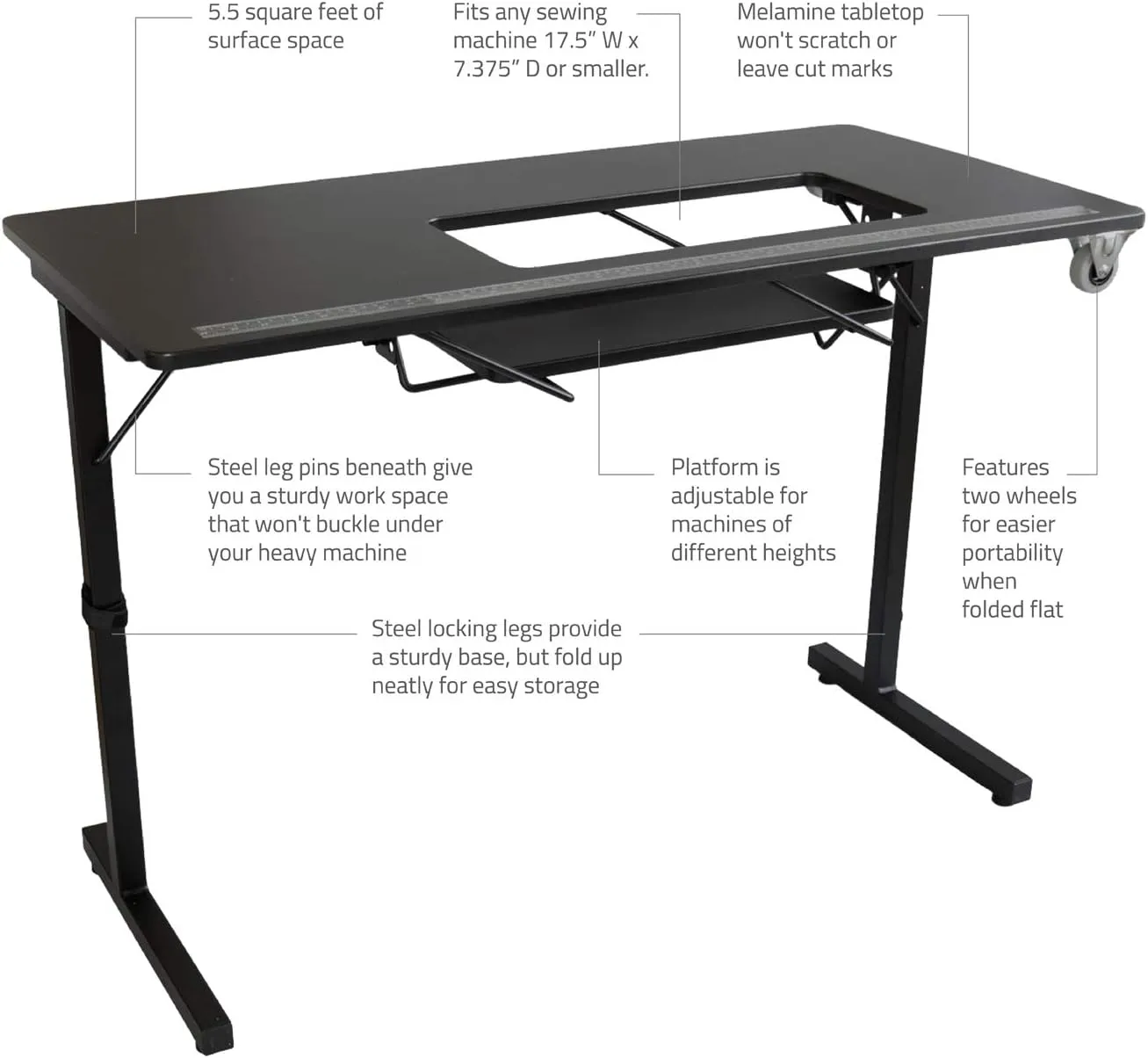 SewingRite SewStation 101 Portable Folding Sewing Table with Steel Legs, Black - Perfect for Home, Office and Business