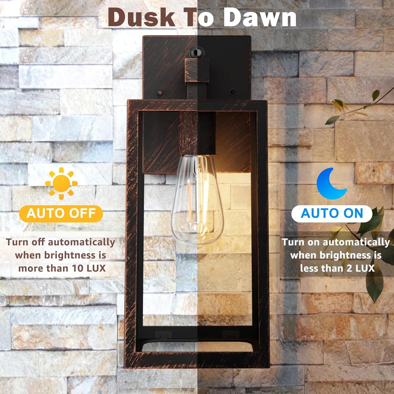 SHINE HAI Dusk to Dawn Outdoor Wall Lantern, Exterior Sconce Sensor Light Fixture with E26 Base Socket, Waterproof Wall Mount Lamp with Glass Shade for Garage, Doorway, 2-Pack (Oil-Rubbed Bronze)