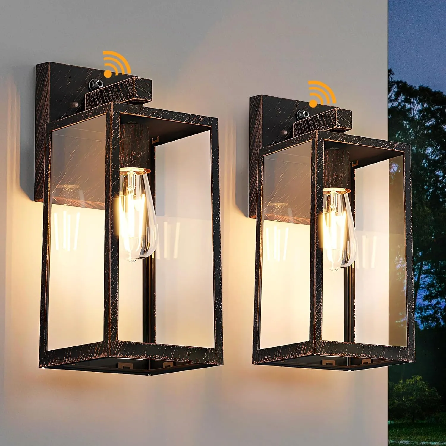 SHINE HAI Dusk to Dawn Outdoor Wall Lantern, Exterior Sconce Sensor Light Fixture with E26 Base Socket, Waterproof Wall Mount Lamp with Glass Shade for Garage, Doorway, 2-Pack (Oil-Rubbed Bronze)