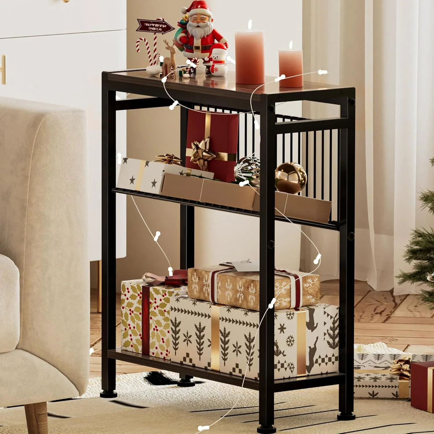 Side Table for Small Space, 3-Tier Narrow End Tablewith Magazine Holder,Slim Nightstand, Skinny Snack Couch Table in Living Room, Bedroom Study and Balcony(Ash Brown)