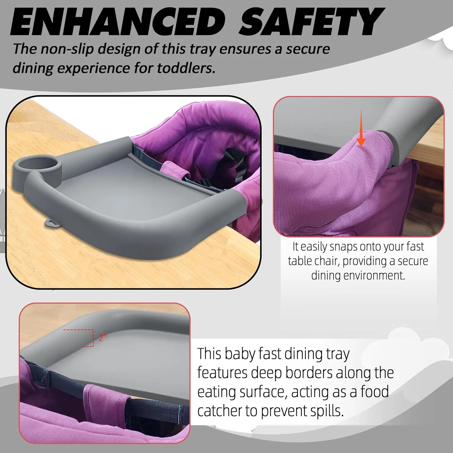 Silicone Baby Dining Tray Compatible with in-gle-sina Fast Table Chair Portable Baby Feeding Tray for Clip-On Fast Table Chair Ideal for Baby, Toddler Perfect for Meal, Restaurant - Grey