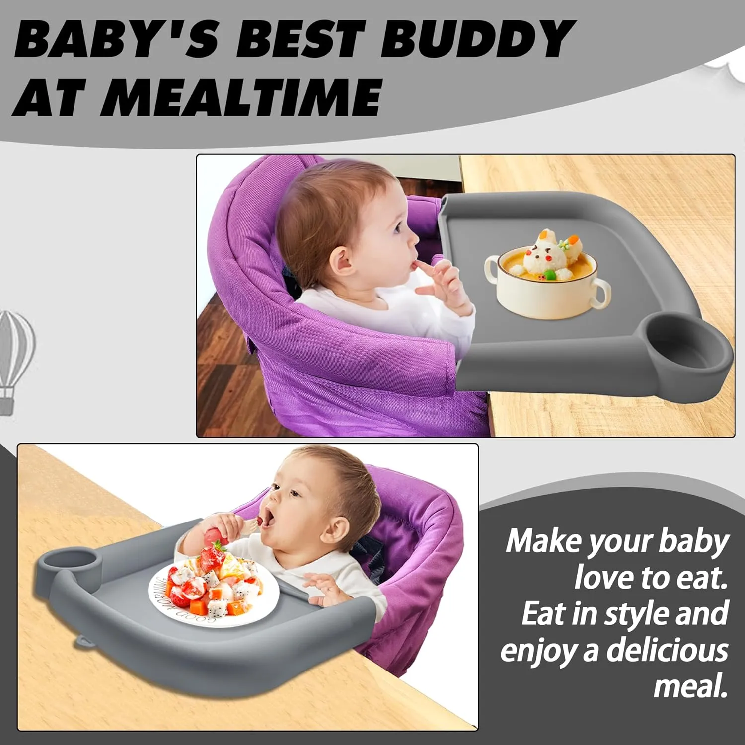 Silicone Baby Dining Tray Compatible with in-gle-sina Fast Table Chair Portable Baby Feeding Tray for Clip-On Fast Table Chair Ideal for Baby, Toddler Perfect for Meal, Restaurant - Grey
