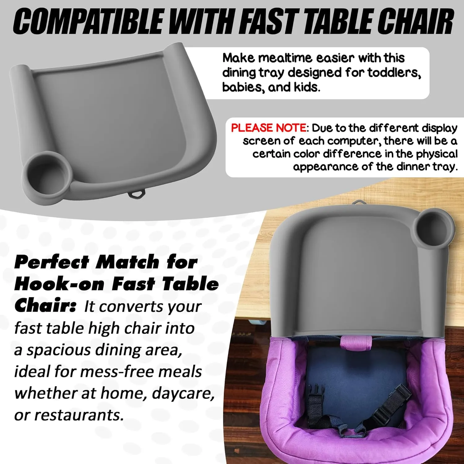 Silicone Baby Dining Tray Compatible with in-gle-sina Fast Table Chair Portable Baby Feeding Tray for Clip-On Fast Table Chair Ideal for Baby, Toddler Perfect for Meal, Restaurant - Grey