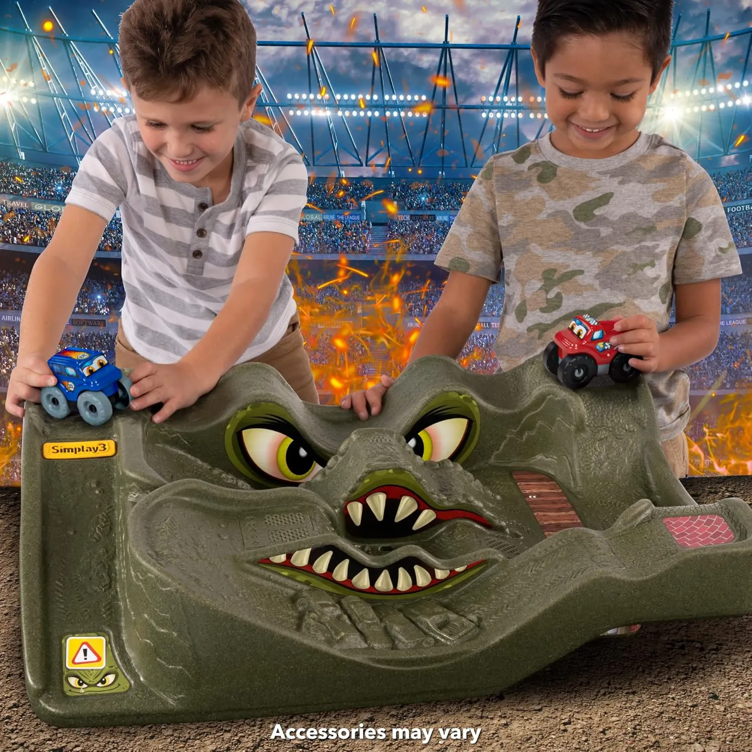Simplay3 Monster City Extreme Wheels Car Race Track Table - 2 Sided Portable Kids Play Table with 2 Race Trucks - Red or Green - Made in USA