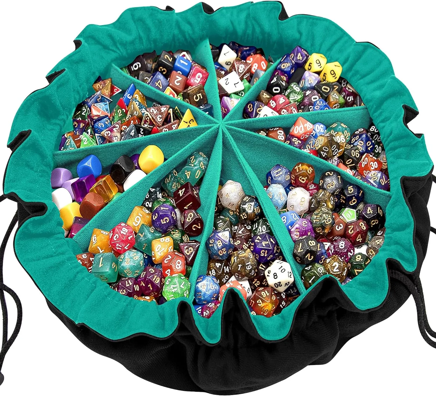 SIQUK Large Dice Bag with Pockets Drawstring Dice Bag DND Dice Storage Bag Big Capacity Dice Pouch for RPG MTG Table Games, Hold over 300 Dice (Black & Cyan)
