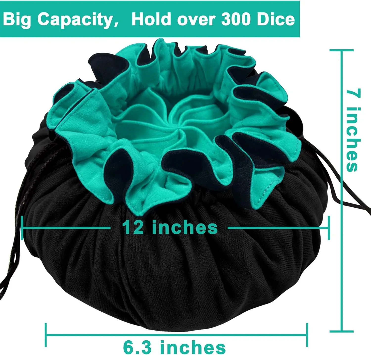 SIQUK Large Dice Bag with Pockets Drawstring Dice Bag DND Dice Storage Bag Big Capacity Dice Pouch for RPG MTG Table Games, Hold over 300 Dice (Black & Cyan)