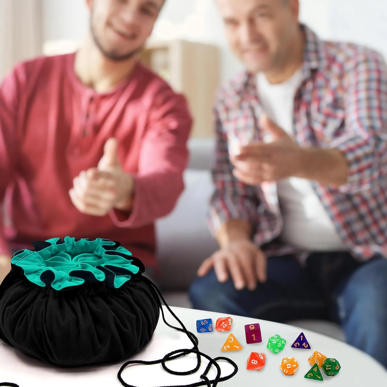 SIQUK Large Dice Bag with Pockets Drawstring Dice Bag DND Dice Storage Bag Big Capacity Dice Pouch for RPG MTG Table Games, Hold over 300 Dice (Black & Cyan)
