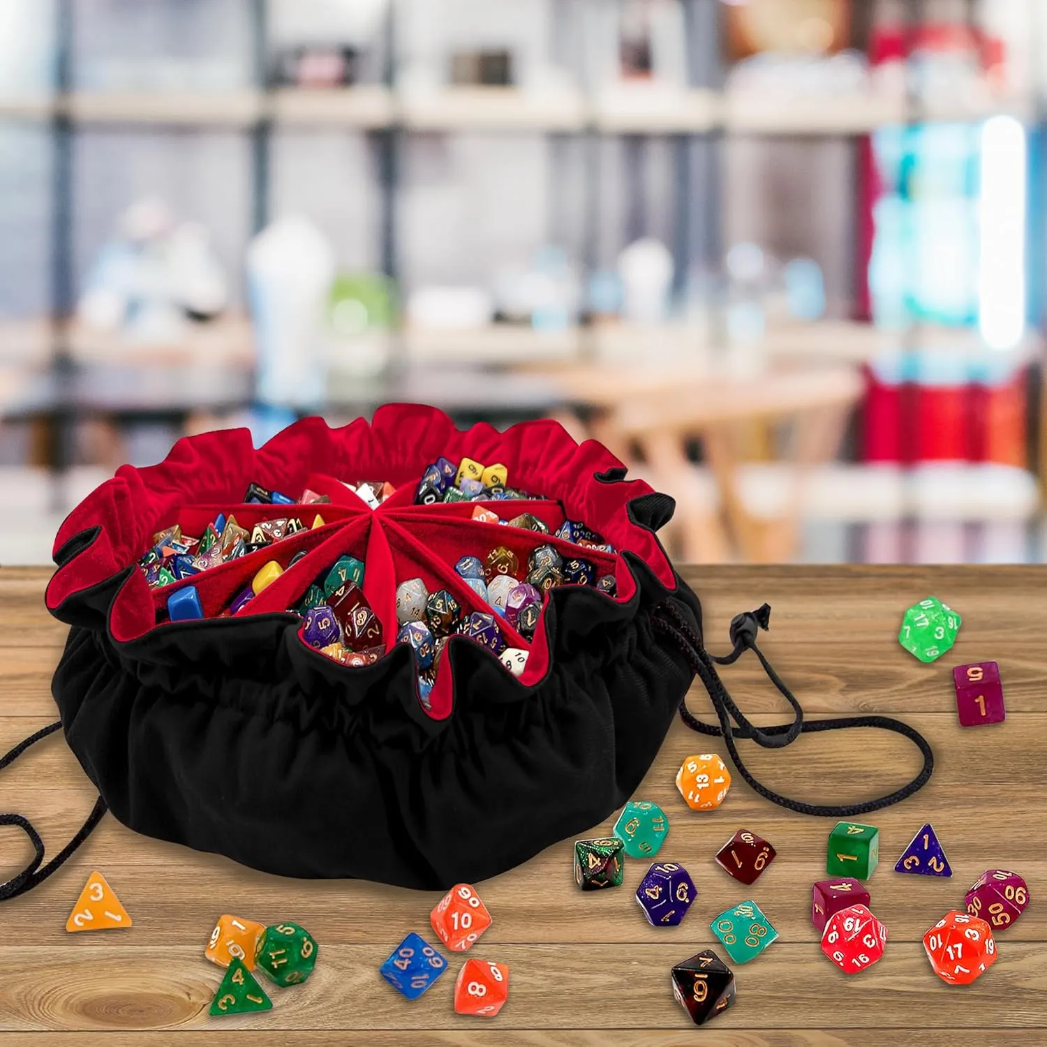 SIQUK Large Dice Bag with Pockets Drawstring Dice Bag DND Dice Storage Bag Big Capacity Dice Pouch for RPG MTG Table Games, Hold over 300 Dice (Black & Red)