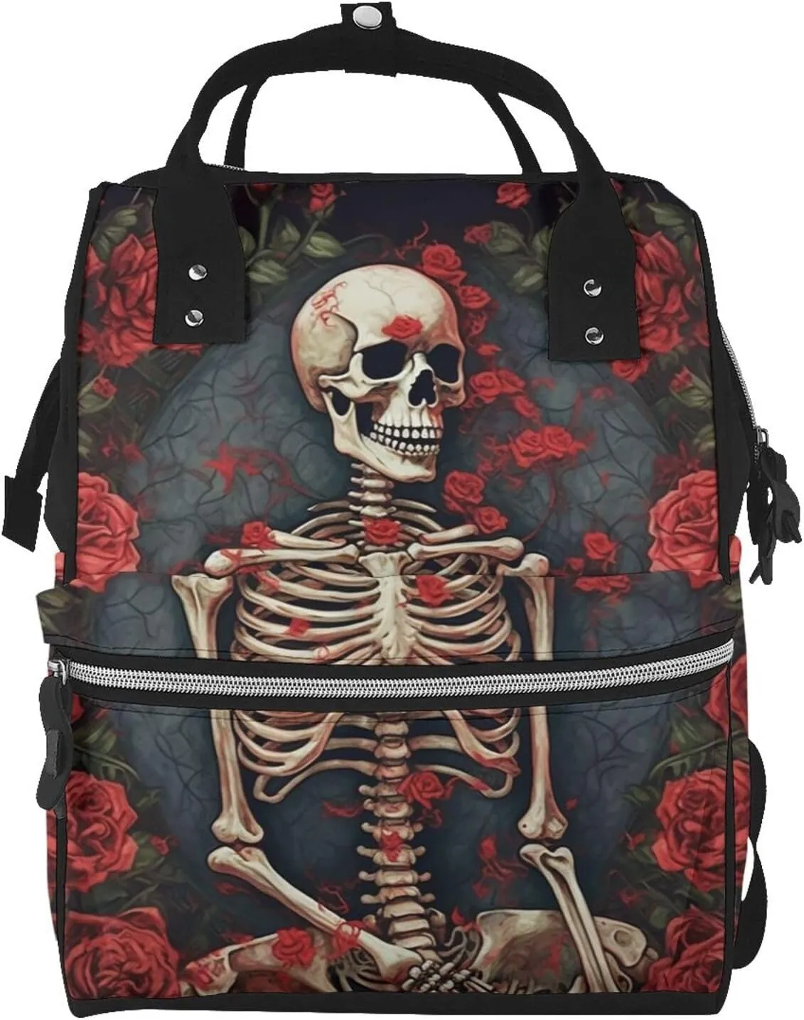 Skeleton with Roses Diaper Bag Essentials Travel Tote Nappy Backpack Large Capacity Mummy Backpack Multifunction Waterproof Teacher Nurse Bag 15.7 inch Work laptop Bags