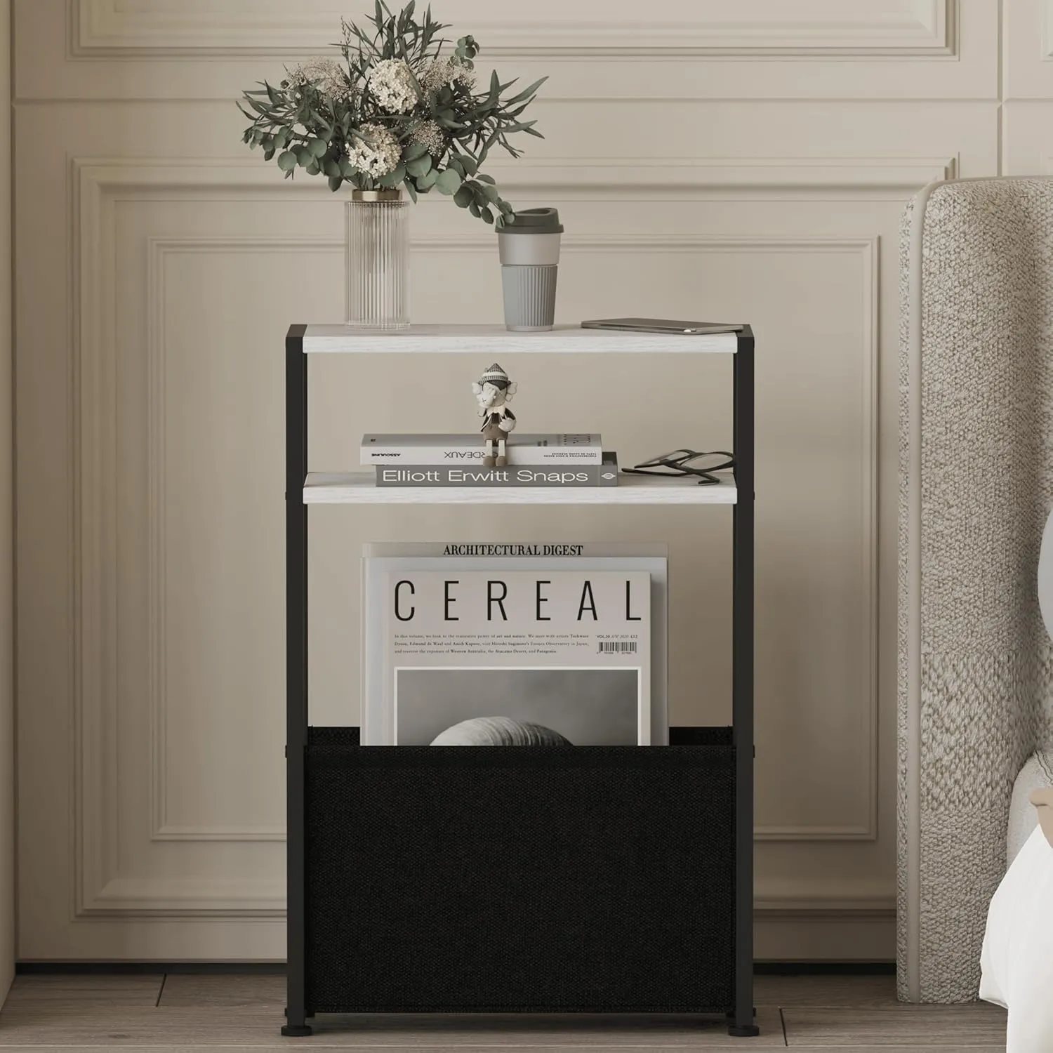 Slim Side Tale, Thin Side Table with Storage Basket, Narrow Side Table for Small Spaces, Thin Bedside Table for Living Room, Bedroom