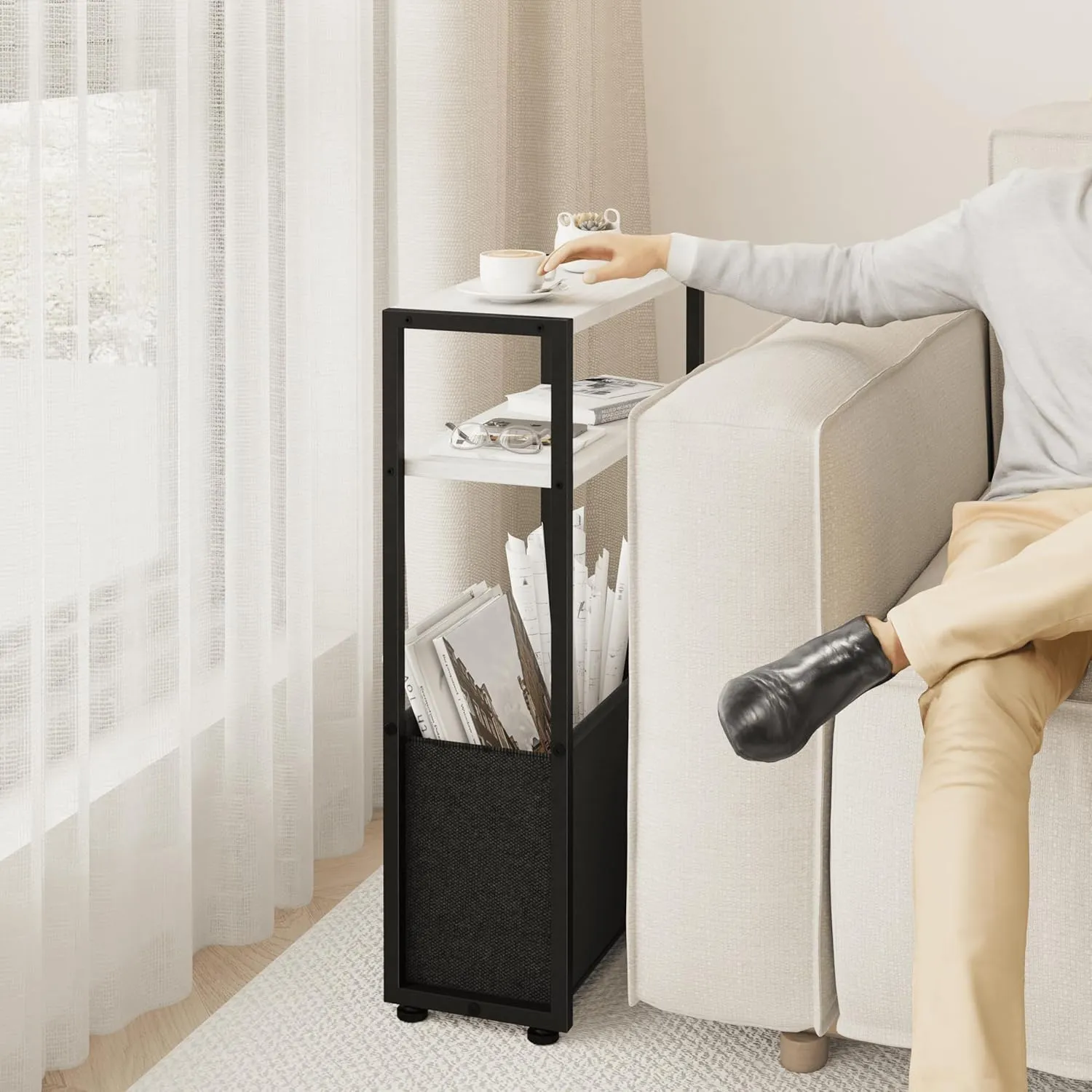 Slim Side Tale, Thin Side Table with Storage Basket, Narrow Side Table for Small Spaces, Thin Bedside Table for Living Room, Bedroom