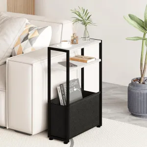 Slim Side Tale, Thin Side Table with Storage Basket, Narrow Side Table for Small Spaces, Thin Bedside Table for Living Room, Bedroom