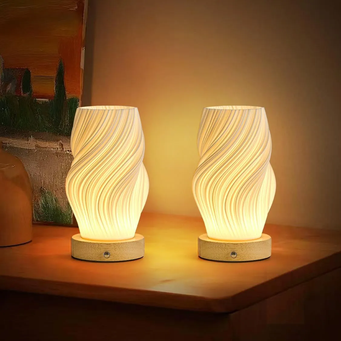 Small Battery Operated Lamp, Modern Table Lamp, Rechargeable, Touch Control, 3 Color Temperature, Dimmable, Bedside Table, Flame (Pack of 2)