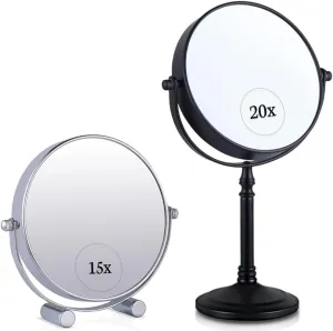 Small Double Sided 15x /1xMagnifying Tabletop Makeup Mirror for Desk, Dressing Table and Retail Store (Chrome) & Double Sided 20x/1x Magnified Makeup Mirror with Stand for Desk, Dressing Table Bundle