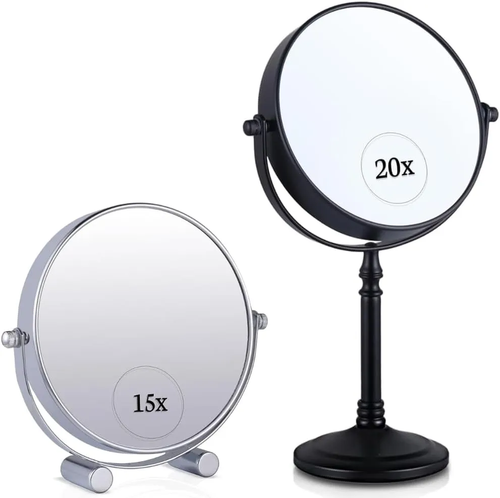 Small Double Sided 15x /1xMagnifying Tabletop Makeup Mirror for Desk, Dressing Table and Retail Store (Chrome) & Double Sided 20x/1x Magnified Makeup Mirror with Stand for Desk, Dressing Table Bundle