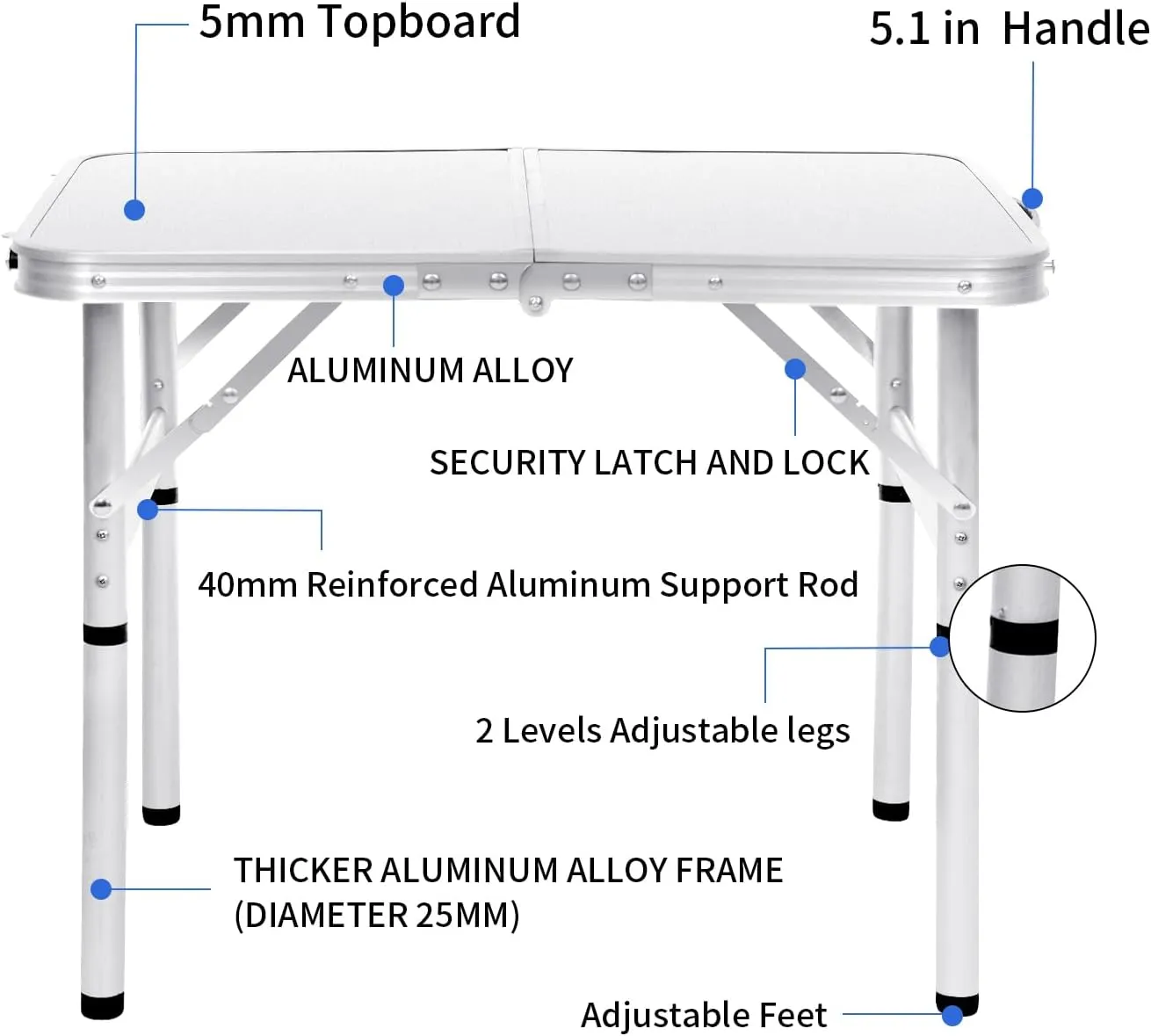 Small Folding Table 2FT Foldable Camping Table Portable Picnic Table Aluminum 2 Height Adjustable Outdoor Beach Card White 23.6×15.7 inch