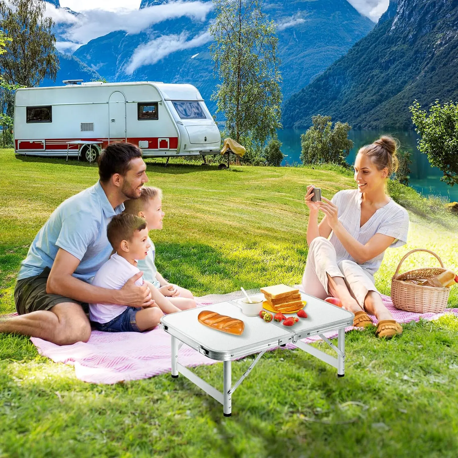 Small Folding Table 2FT Foldable Camping Table Portable Picnic Table Aluminum 2 Height Adjustable Outdoor Beach Card White 23.6×15.7 inch