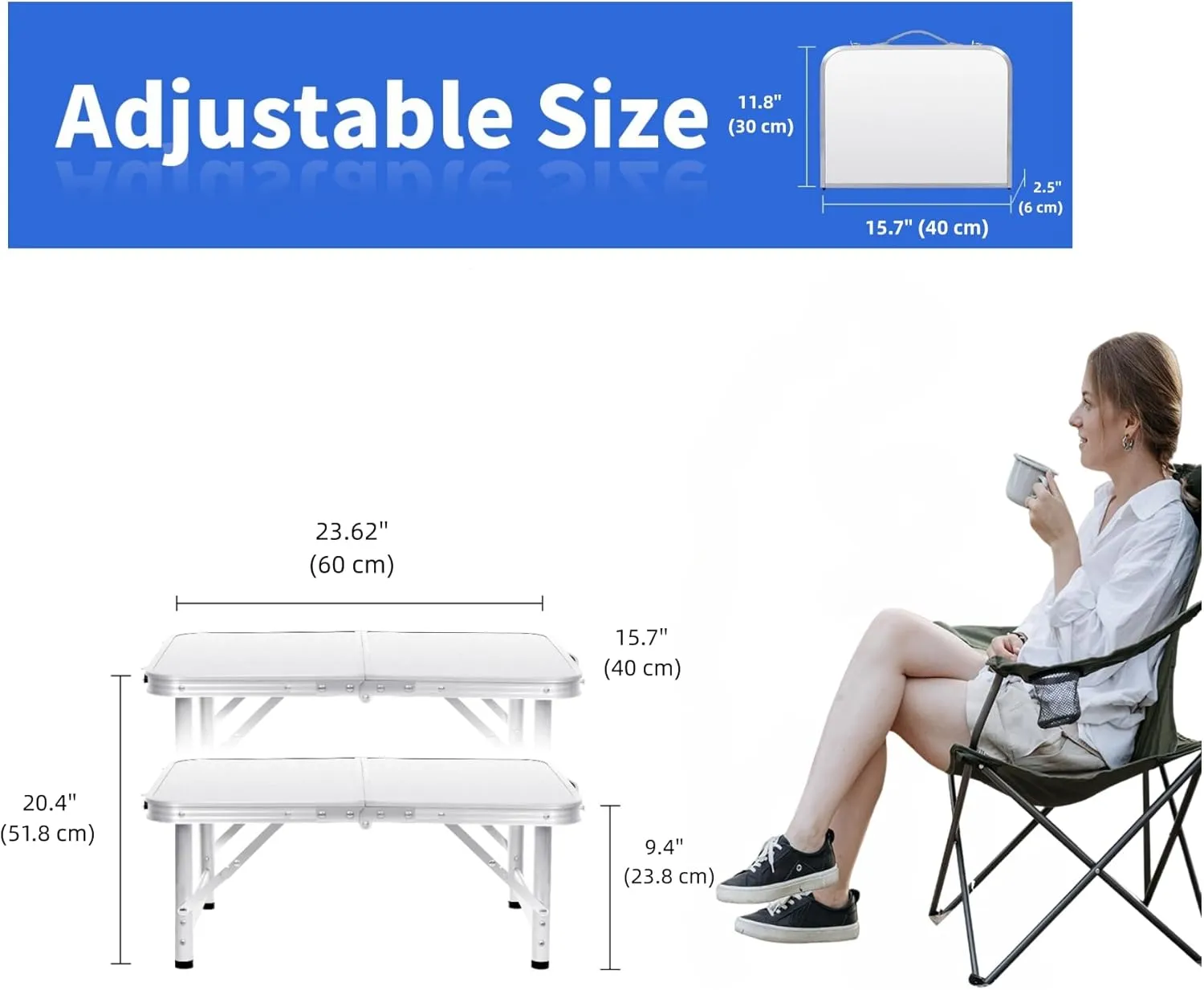 Small Folding Table 2FT Foldable Camping Table Portable Picnic Table Aluminum 2 Height Adjustable Outdoor Beach Card White 23.6×15.7 inch