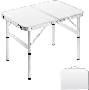 Small Folding Table 2FT Foldable Camping Table Portable Picnic Table Aluminum 2 Height Adjustable Outdoor Beach Card White 23.6×15.7 inch