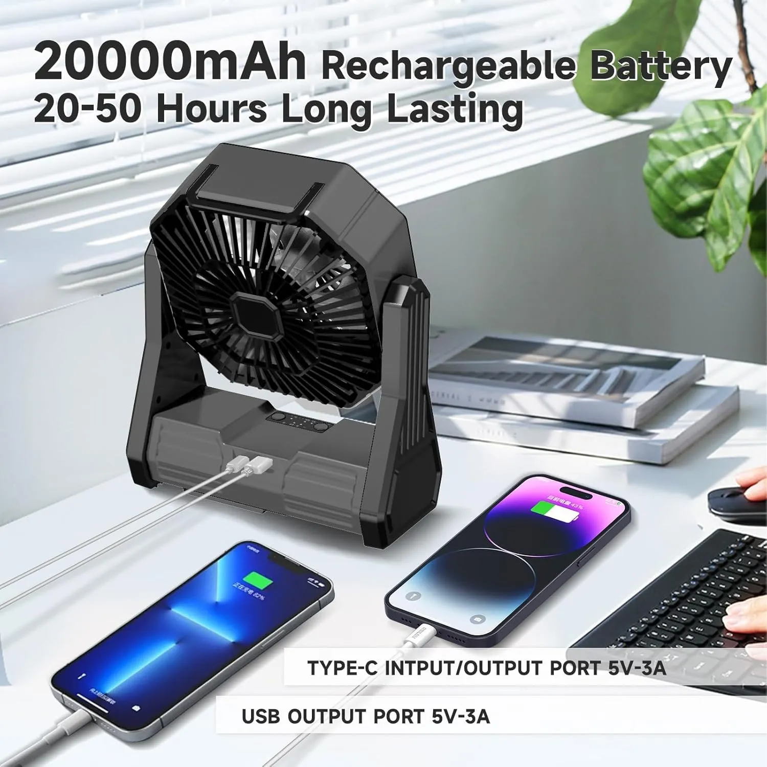 SmartTail Portable Camping Fan, 20000mAh Battery Powered Fan with LED & Hook, Stepless Speed & Timing Rechargeable Fan, Cordless Desk Fan for Camping, Tent, Fishing, Travel, Office-black