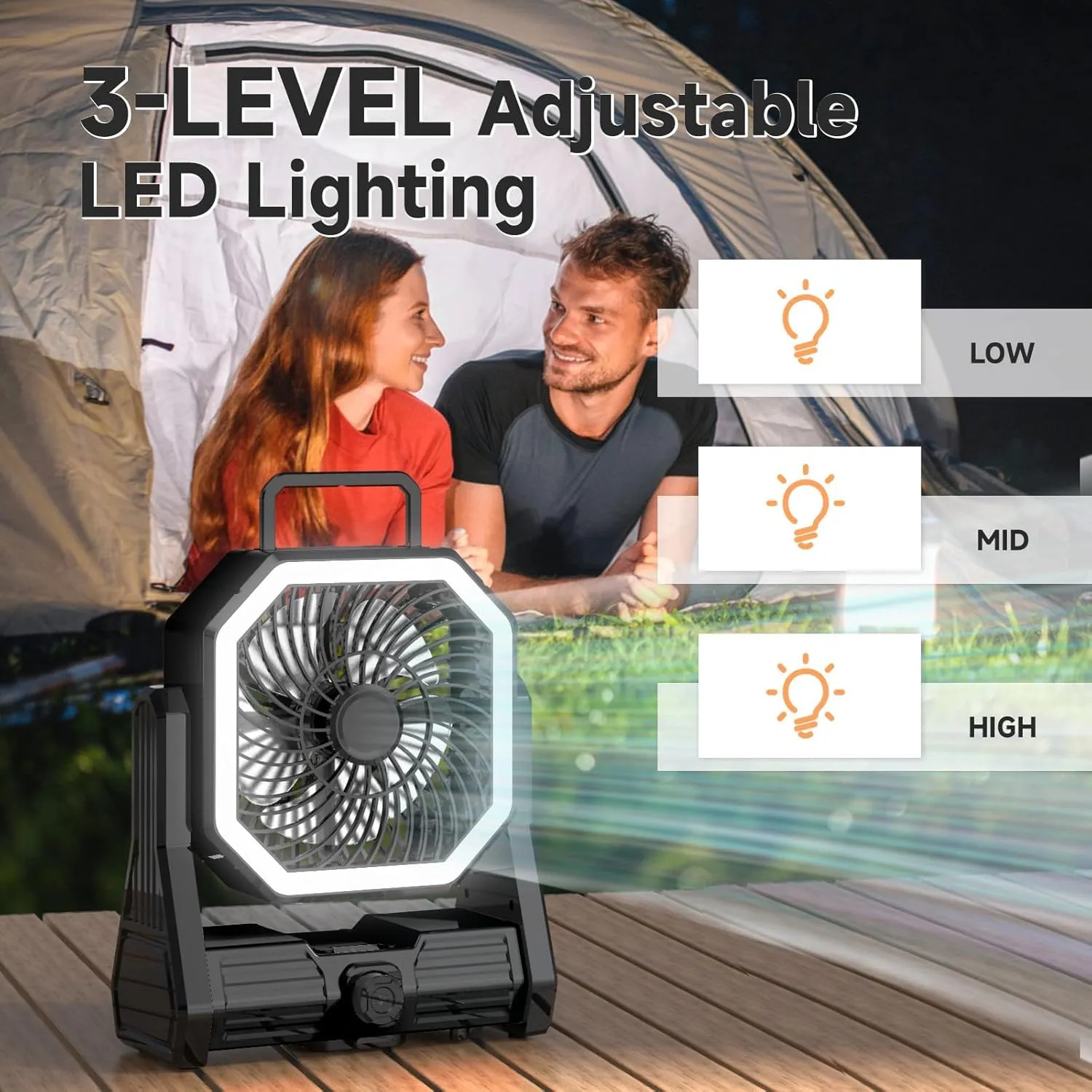 SmartTail Portable Camping Fan, 20000mAh Battery Powered Fan with LED & Hook, Stepless Speed & Timing Rechargeable Fan, Cordless Desk Fan for Camping, Tent, Fishing, Travel, Office-black