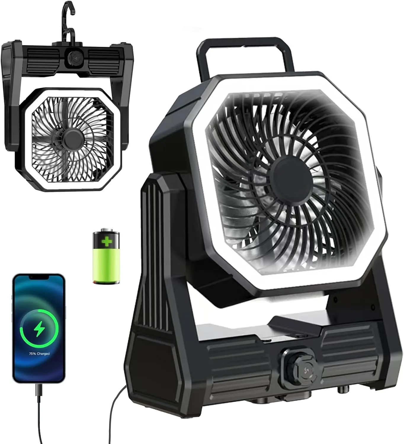 SmartTail Portable Camping Fan, 20000mAh Battery Powered Fan with LED & Hook, Stepless Speed & Timing Rechargeable Fan, Cordless Desk Fan for Camping, Tent, Fishing, Travel, Office-black