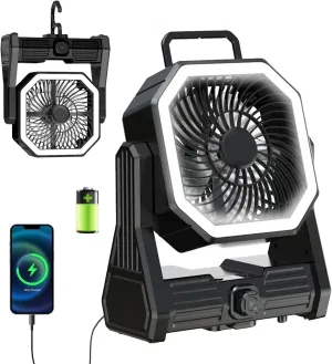 SmartTail Portable Camping Fan, 20000mAh Battery Powered Fan with LED & Hook, Stepless Speed & Timing Rechargeable Fan, Cordless Desk Fan for Camping, Tent, Fishing, Travel, Office-black