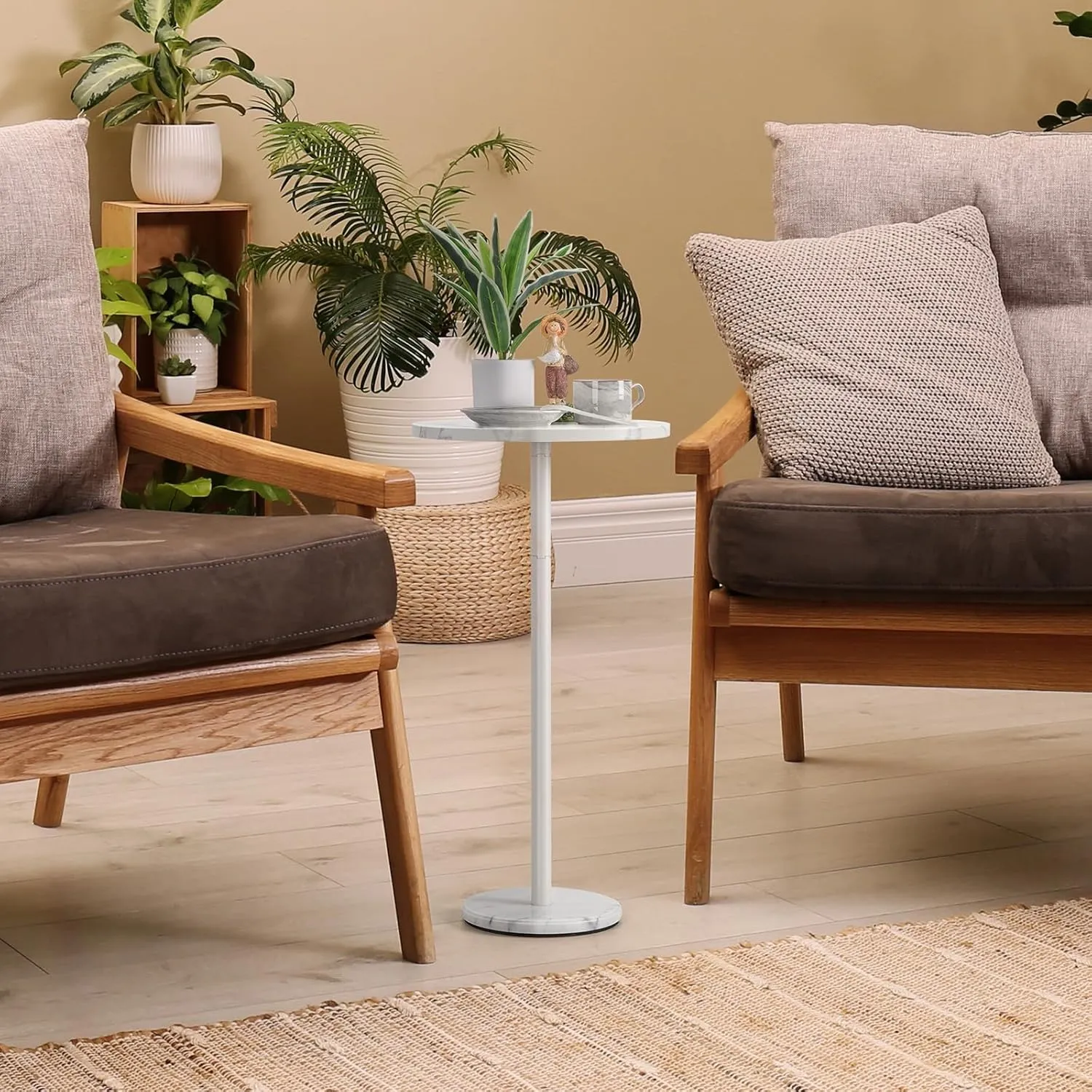 smusei Round End Table with Marble Base Drink Tables for Small Spaces Pedestal Table Small Round Side Table for Sofa Couch Chair Patio, White