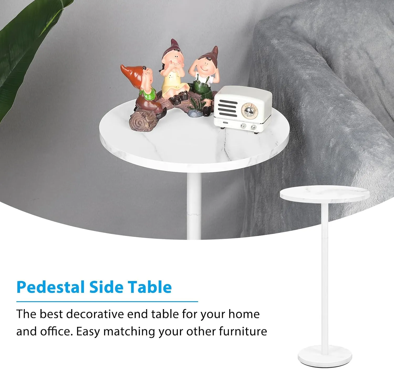 smusei Round End Table with Marble Base Drink Tables for Small Spaces Pedestal Table Small Round Side Table for Sofa Couch Chair Patio, White