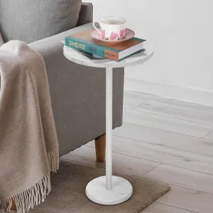 smusei Round End Table with Marble Base Drink Tables for Small Spaces Pedestal Table Small Round Side Table for Sofa Couch Chair Patio, White