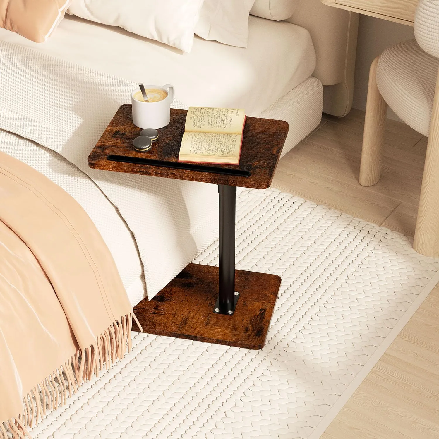 Sofa Armrest Tray Table for Couch - 360° Swivel Height Adjustable End for Small Spaces, Snack Side Table for Bed or Chair with Phone & Tablet Slot (Rustic,Standard)