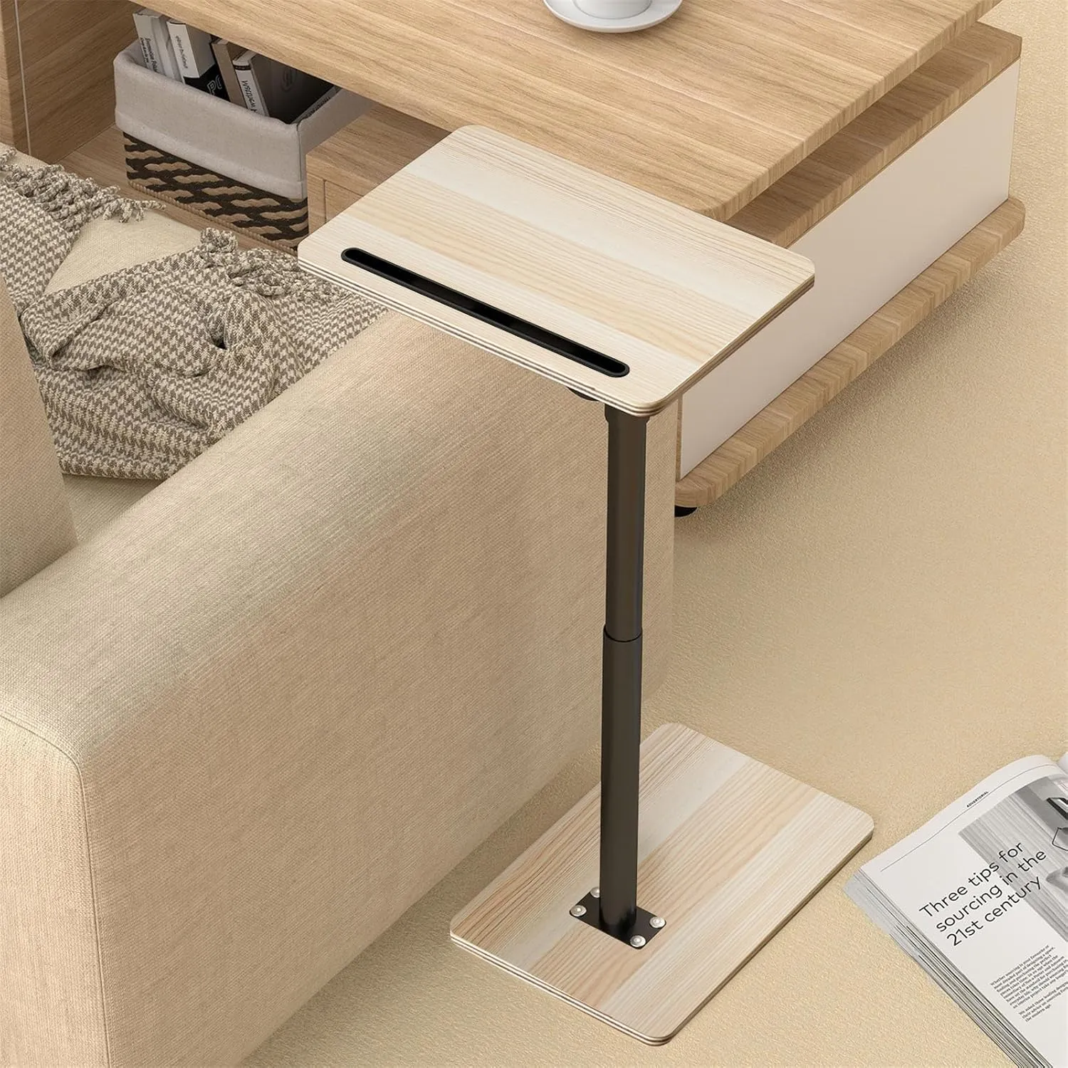 Sofa Armrest Tray Table for Couch - Height Adjustable End for Small Spaces, Snack Side Table for Bed or Chair with Phone & Tablet Slot (Light Wood,Standard)