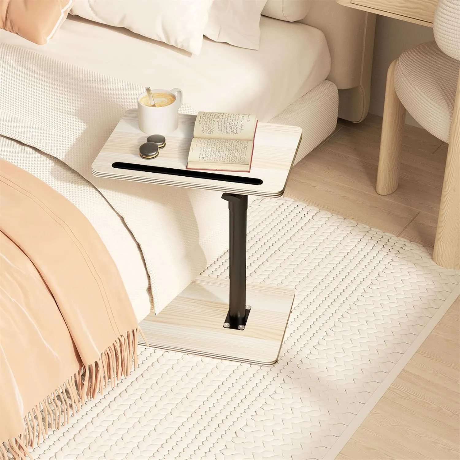 Sofa Armrest Tray Table for Couch - Height Adjustable End for Small Spaces, Snack Side Table for Bed or Chair with Phone & Tablet Slot (Light Wood,Standard)