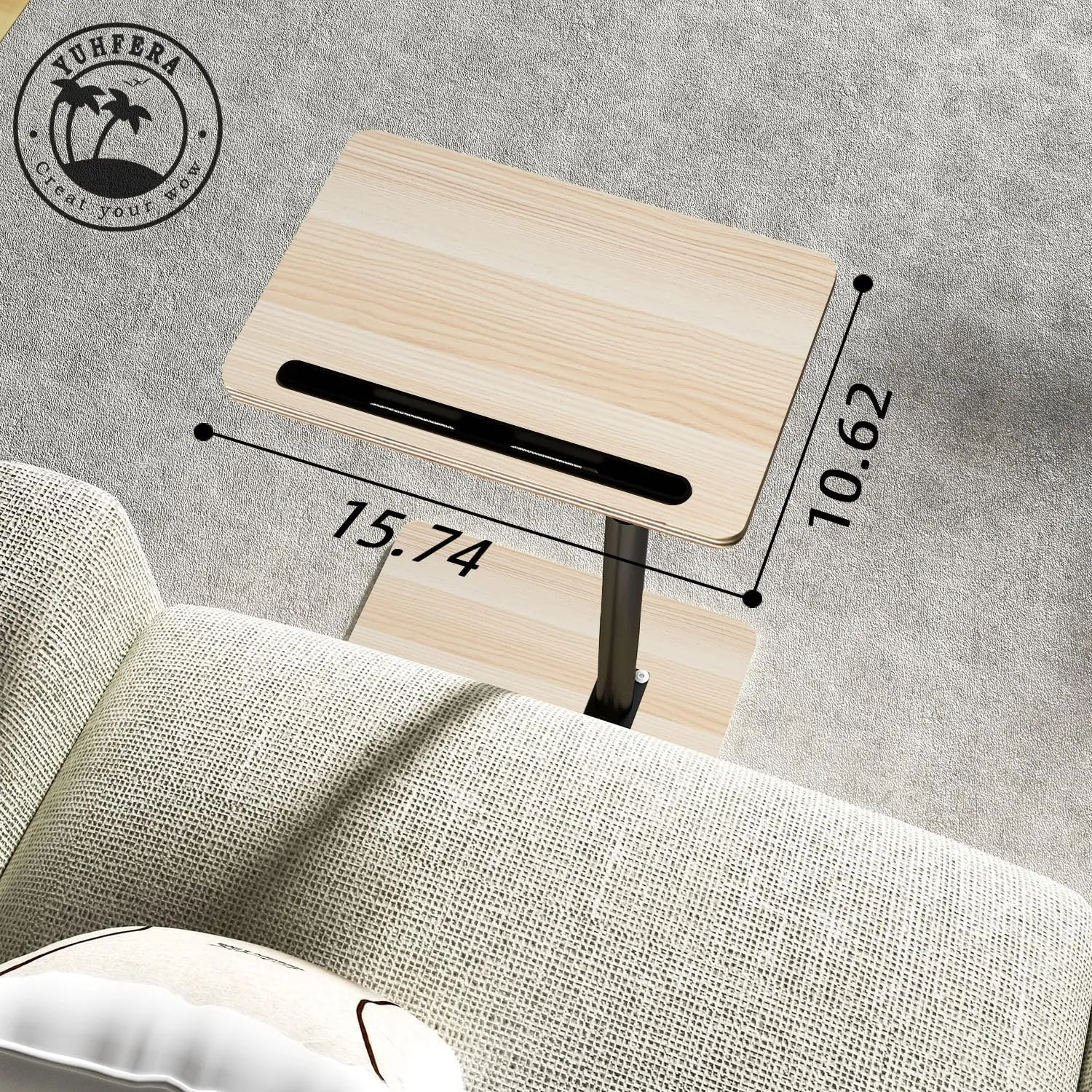 Sofa Armrest Tray Table for Couch - Height Adjustable End for Small Spaces, Snack Side Table for Bed or Chair with Phone & Tablet Slot (Light Wood,Standard)