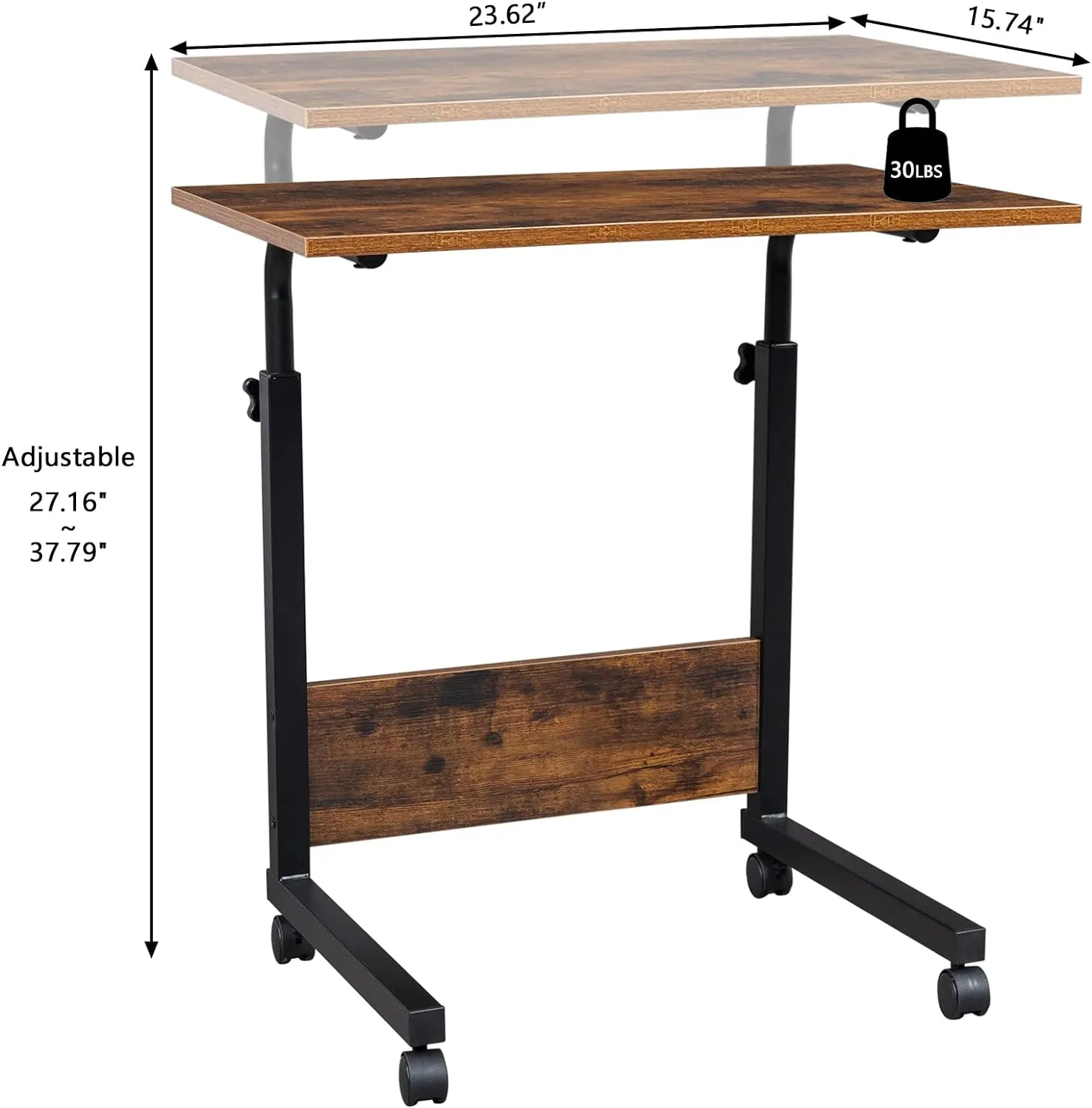 Sofa Side Table Desk with Wheels, Tray Table Portable Side Table for Bed, Table Laptop Cart, Height Adjustable Coffee Snack Table for Living Room, Bedroom, The Study, 23.6" L X 16" W, Brown