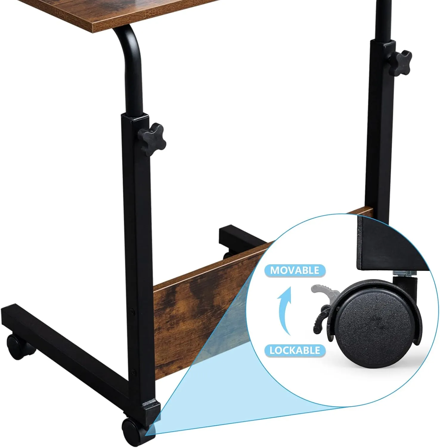 Sofa Side Table Desk with Wheels, Tray Table Portable Side Table for Bed, Table Laptop Cart, Height Adjustable Coffee Snack Table for Living Room, Bedroom, The Study, 23.6" L X 16" W, Brown